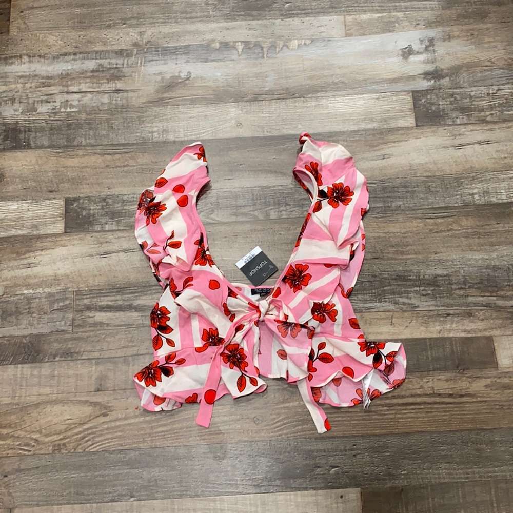 NWT • Topshop • floral and stripe cropped ruffle top